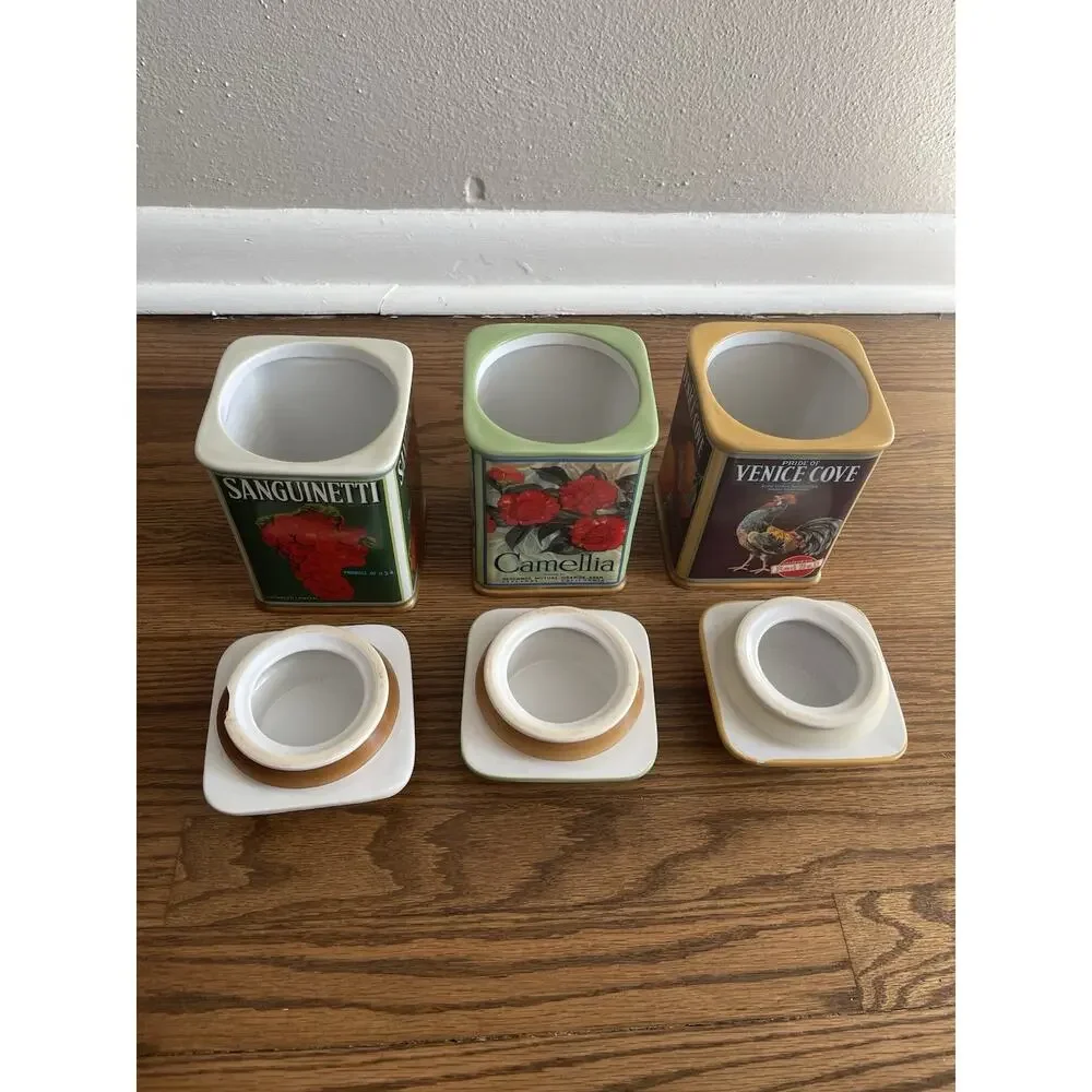 SET OF 3 ONEIDA VINTAGE LABEL COLLECTION CERAMIC CANISTERS Venice Cove Camellia